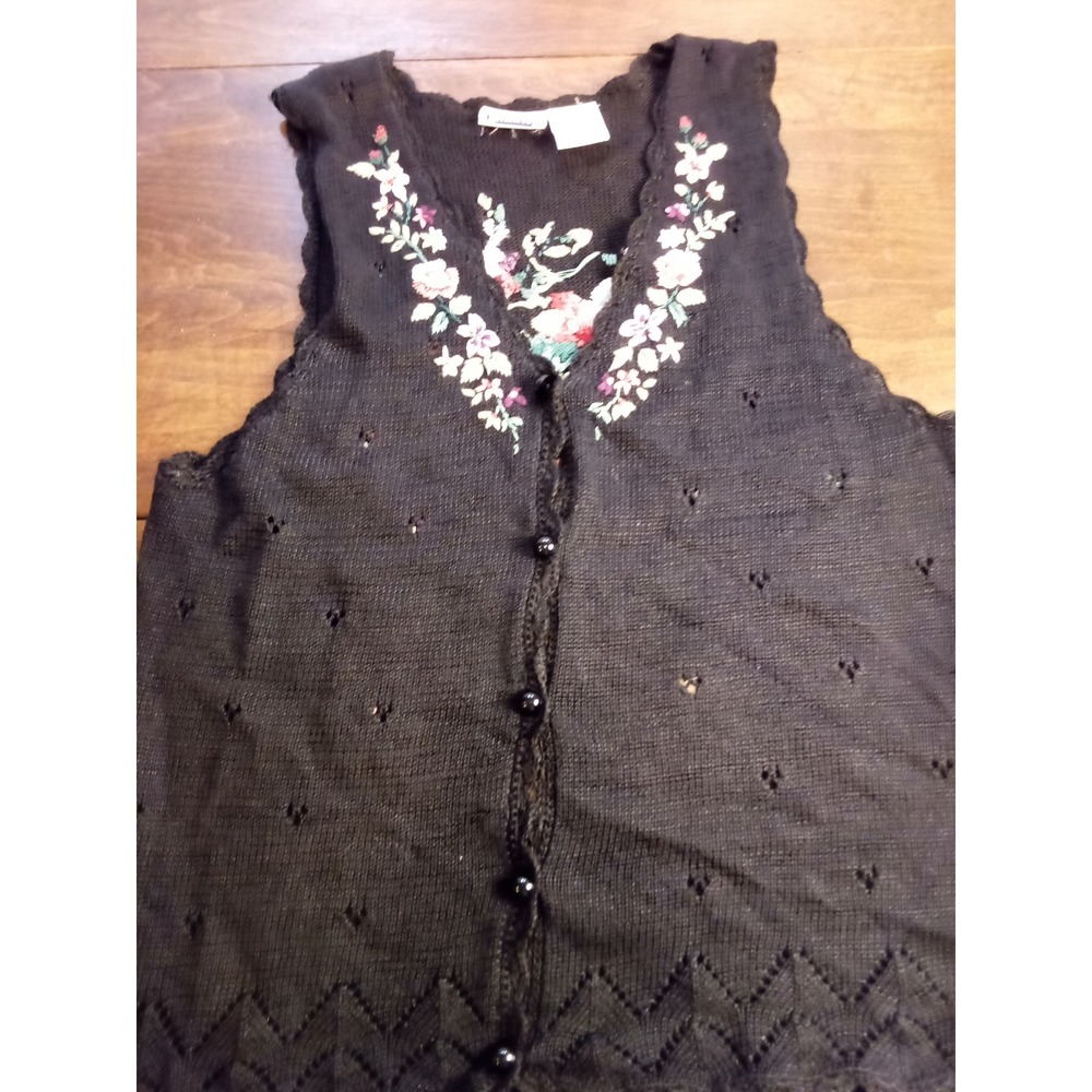 Capacity Vintage Embroidered Floral Knit Sleeveless Cardigan Sweater Large